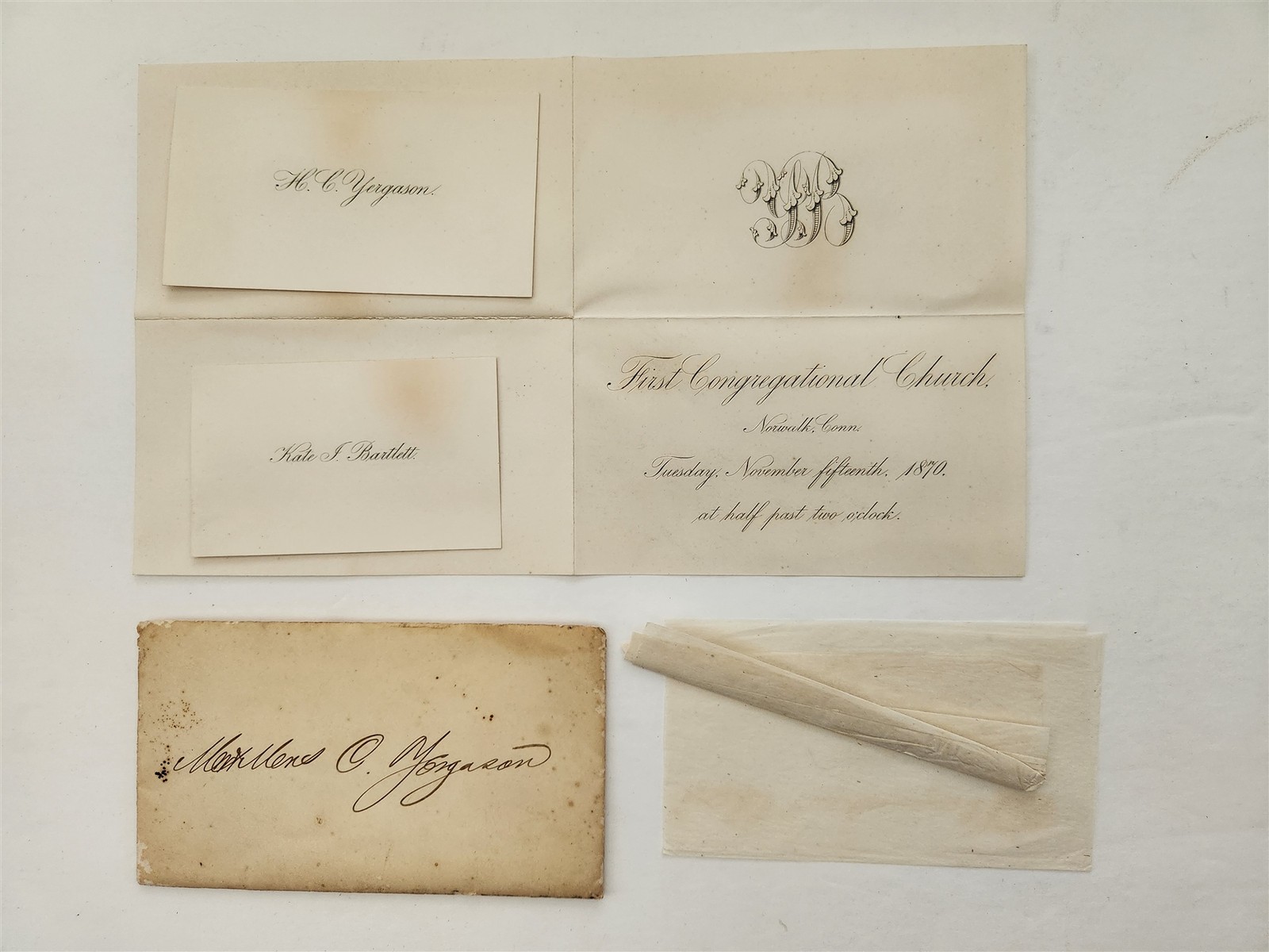 1870 antique WEDDING INVITATION norwalk ct H.C. YERGASON & KATE J. BARTLETT
