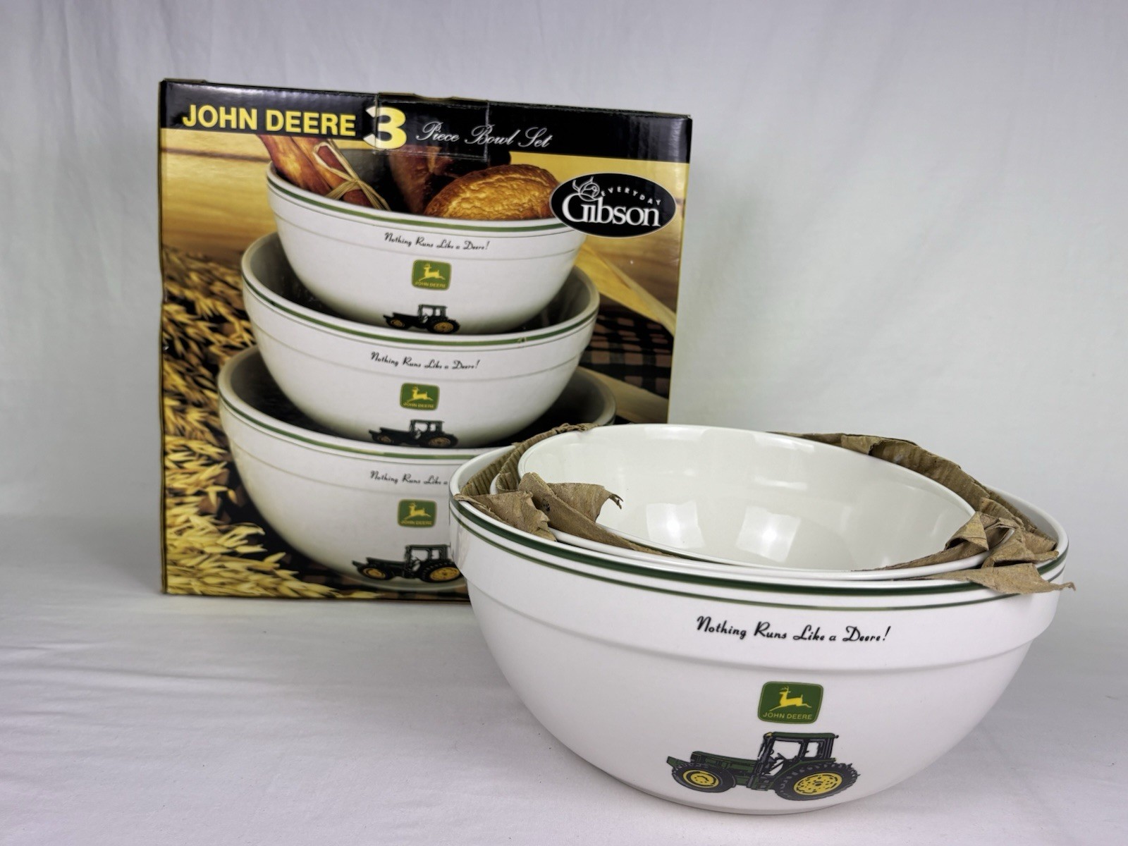 John Deere Everyday Gibson NIB 3 Piece Ceramic Nesting Mixing Bowl Set Complete John Deere Everyday Gibson NIB 3 Piece Ceramic Nesting Mixing Bowl Set Complete