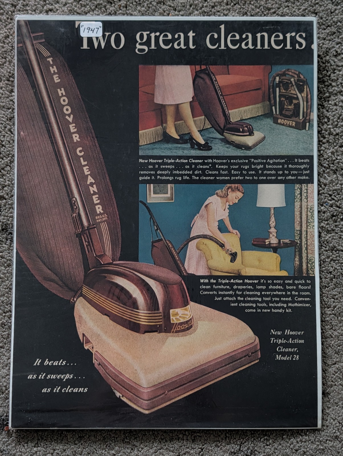 Hoover Vacuum Cleaner Print Ad Vintage 1947 Two Great Cleaners One Great Name