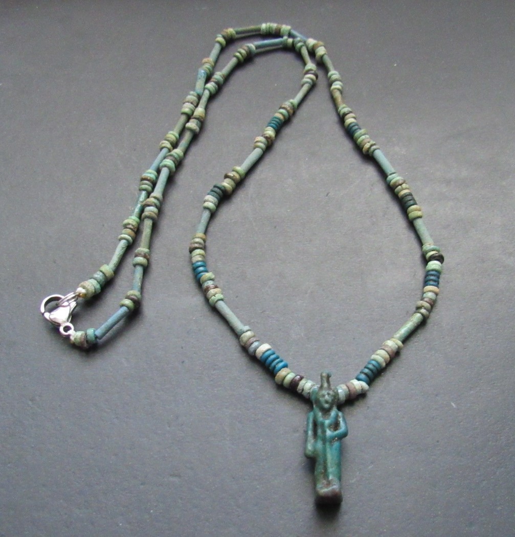 NILE  Ancient Egyptian Sekhmet Amulet Mummy Bead Necklace ca 600 BC