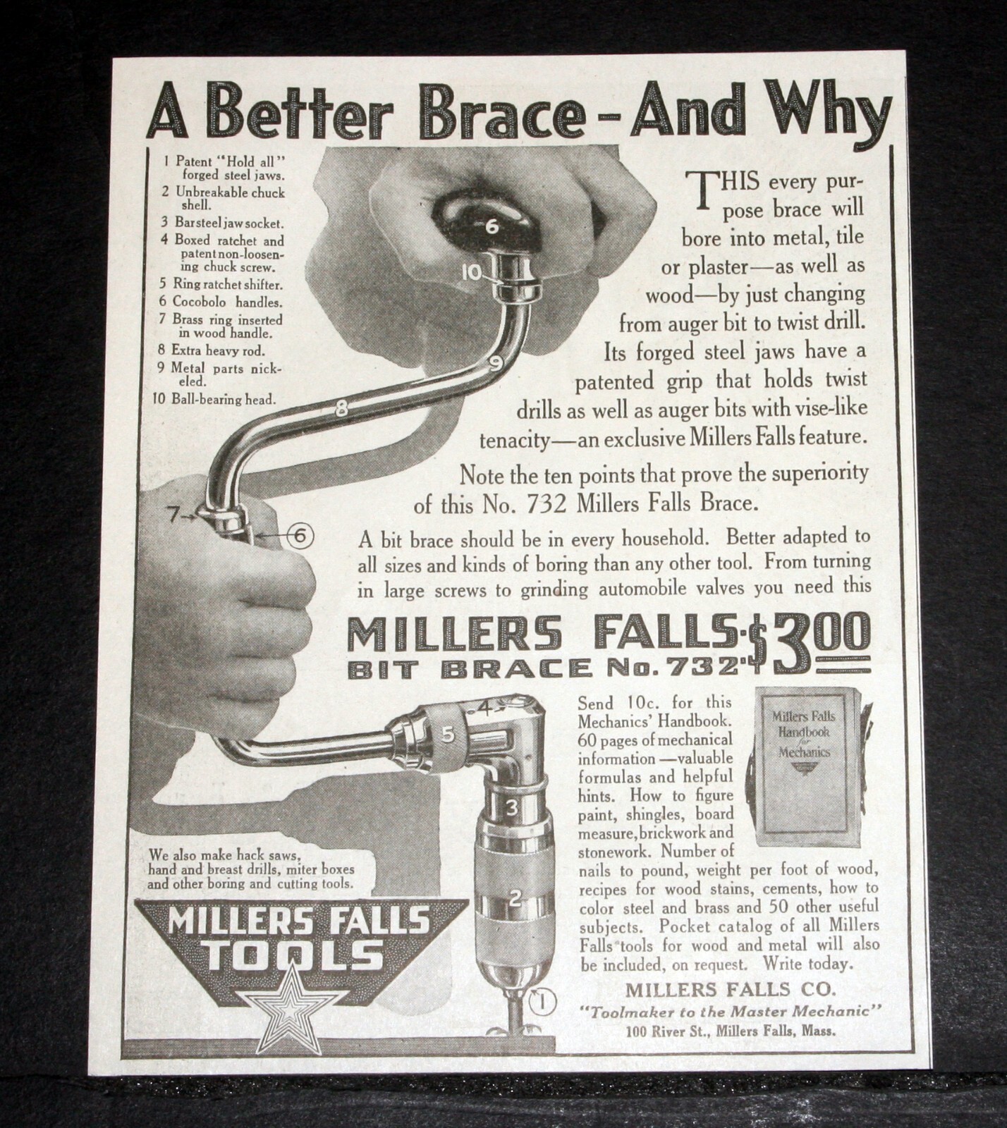 1917 OLD MAGAZINE PRINT AD, MILLERS FALLS BIT BRACE NO. 732, IT\'S BETTER & WHY