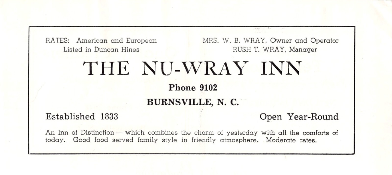 The Nu-Wray Inn Mrs W B Wray Owner Rush Wray Mgr Burnsville NC Vtg 1951 Print Ad