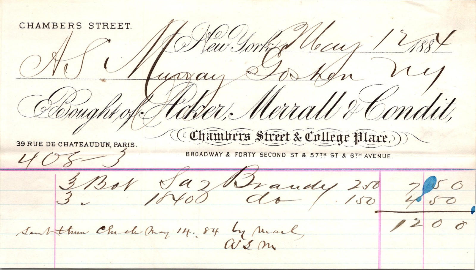 AS Murray Crocker Merrall & Condit 1884 NY Antique Letterhead Billhead TC18