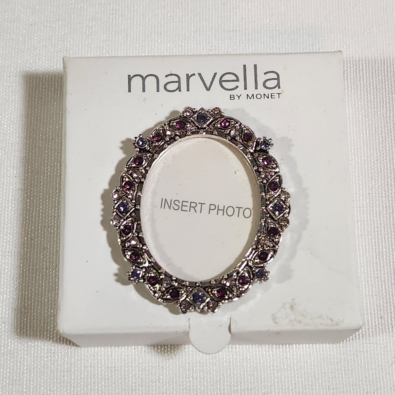 Marvella by Monet Photo Frame Brooch Purple Rhinestone Oval Pin Boxed