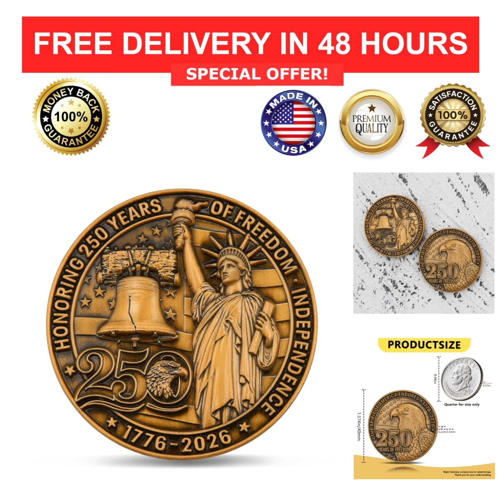 USA 250th Anniversary Challenge Coin 1776-2026 Bald Eagle Gold-Tone