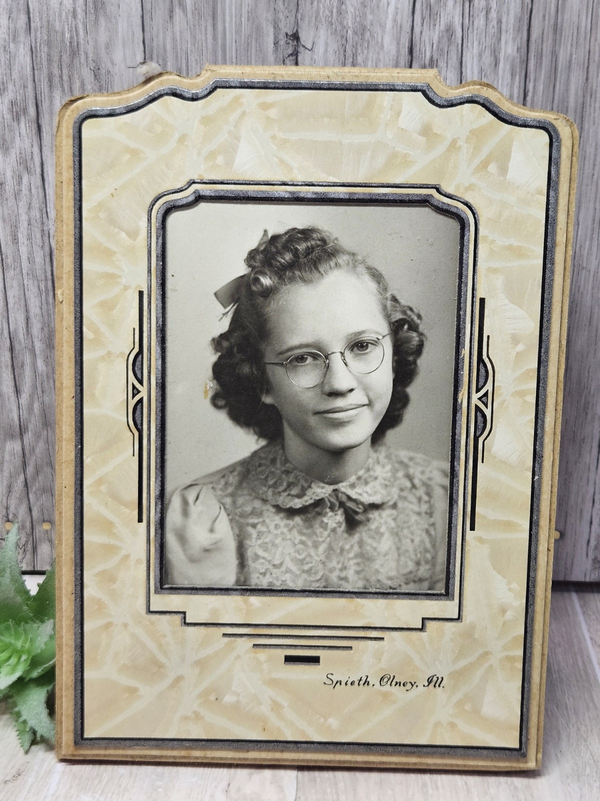 Vintage Art Deco Easel Frame Portrait Photograph Young Girl Glasses Spieth Olney