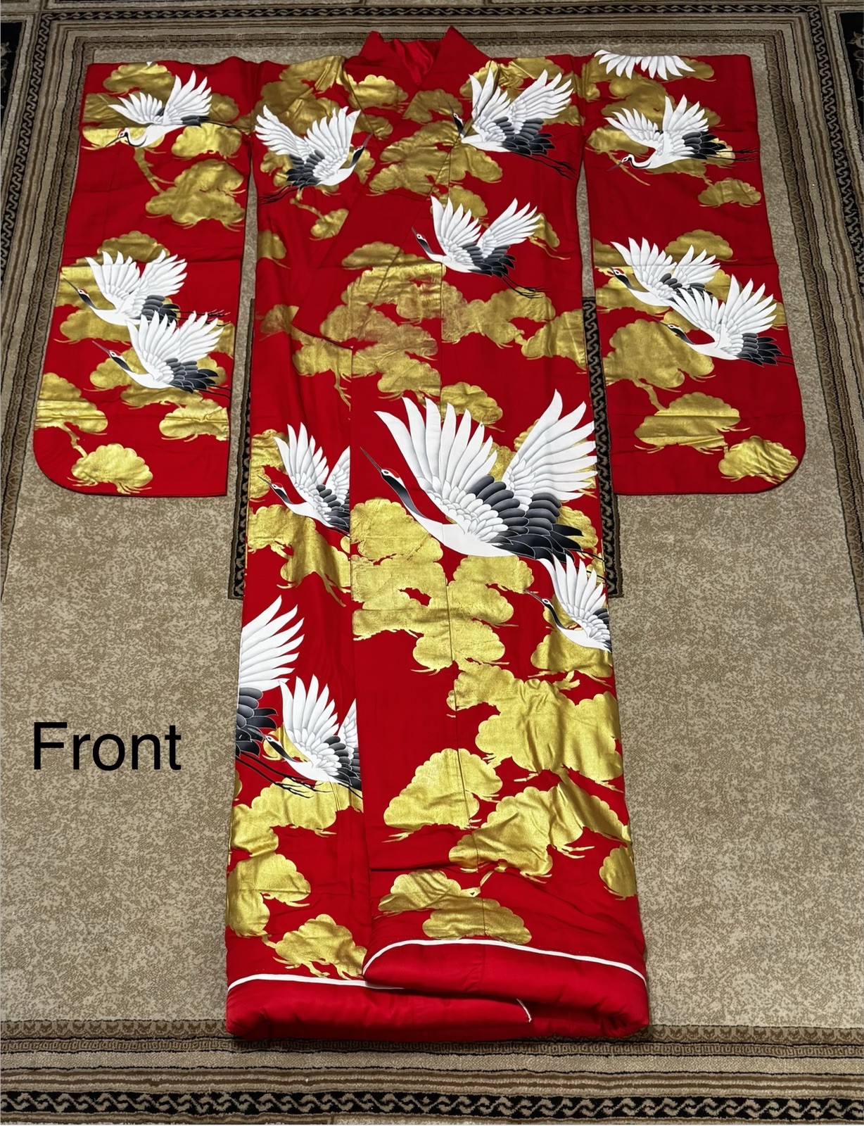 Vintage Japanese Uchikake Wedding Kimono Robe Red Silk White Crane Mount Gold