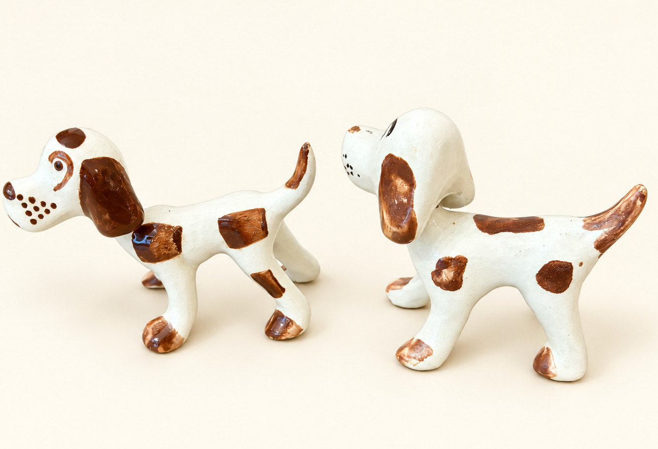 Vintage 1950's Ceramic Dog Figurine Bobble Head Nodder White & Brown Spots MCM