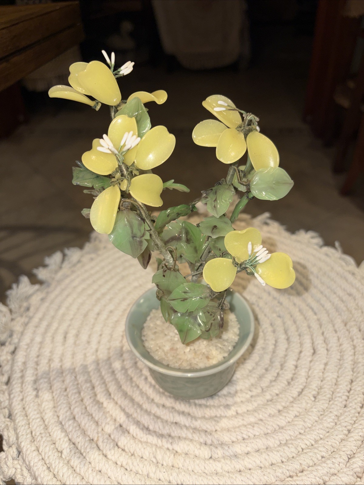 VTG Chinese Bonsai Tree Jade Glass Wire Flowers Green Celadon Planter Pot Yellow