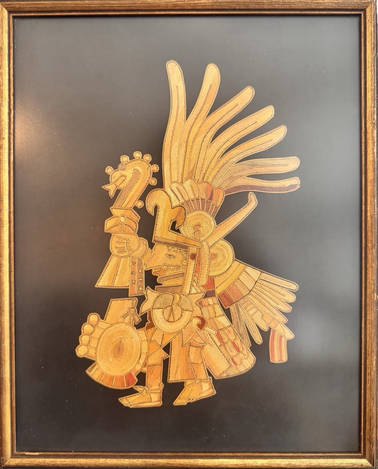 Vintage Mexican Straw Art “Aztec Warrior” | Handcrafted Popotillo Mosaic