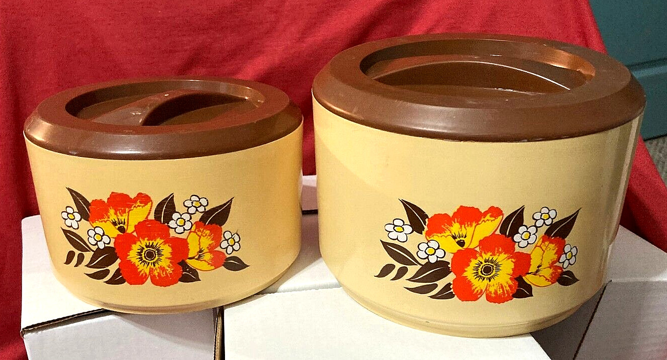 VTG 1970's Sterilite Plastic Nesting Canisters (2) Retro-Rare Floral Pattern-EUC