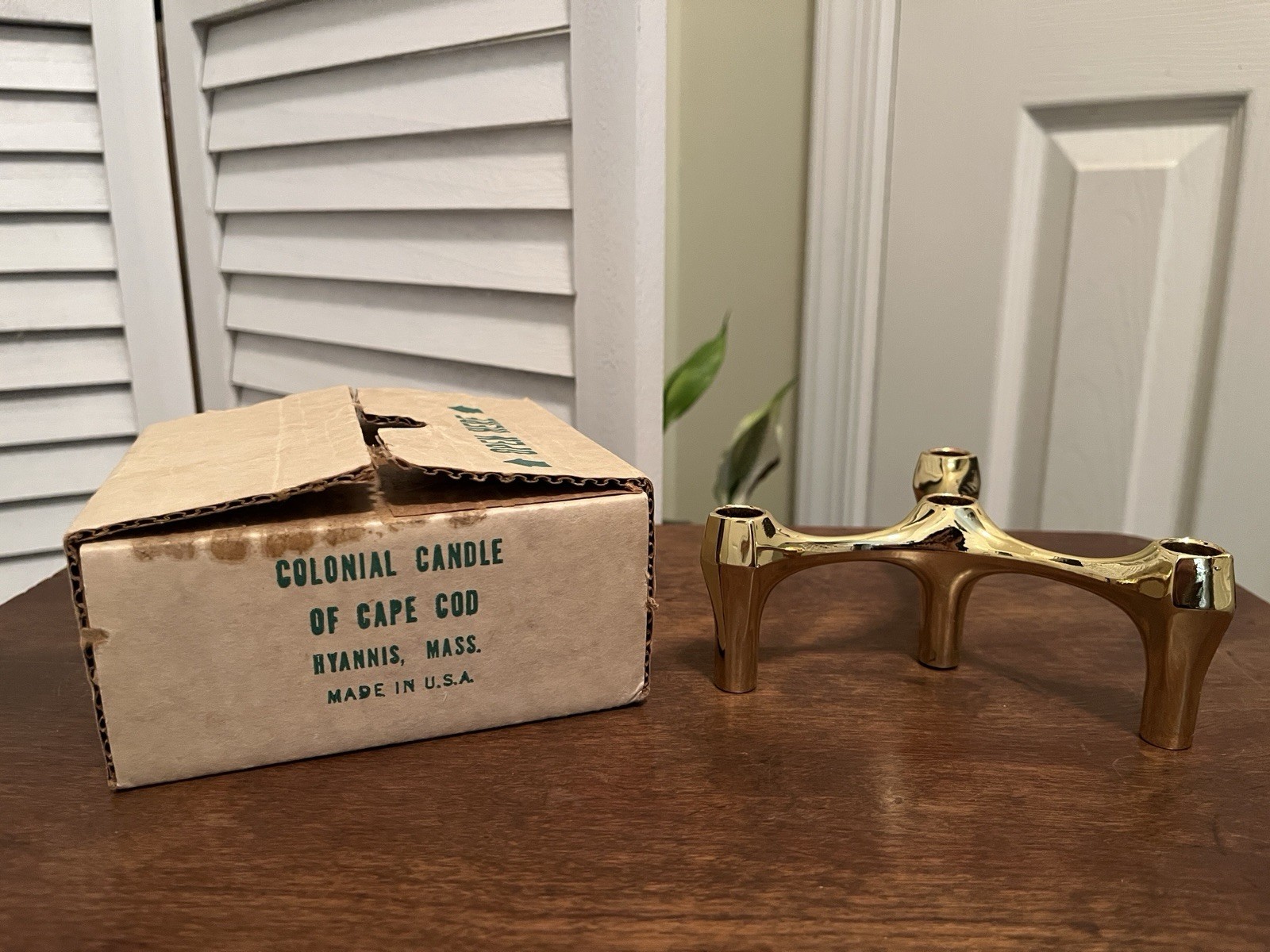 Vtg Colonial Candle Cape Cod MCM Stackable Gold Candlestick Holder Triad Boxed
