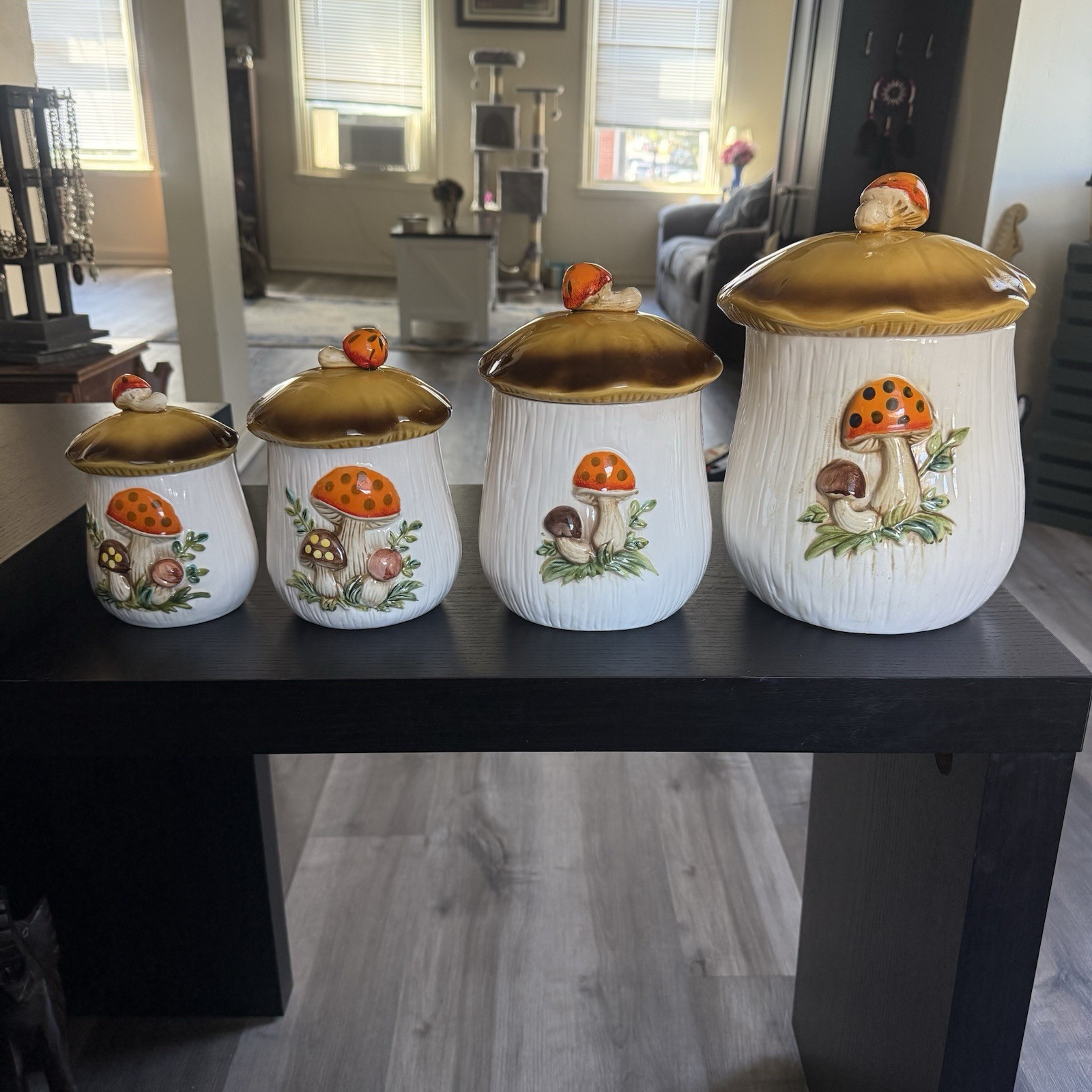 Vintage 1978 Sears Roebuck Merry Mushroom Ceramic Canisters ~ Set of 4 Japan