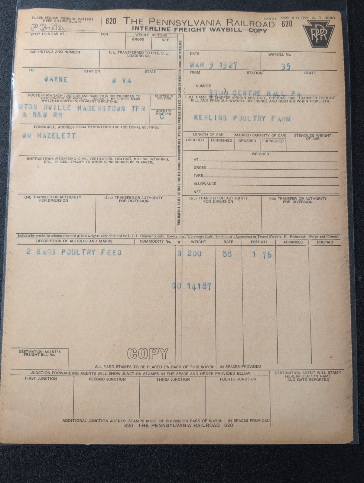 Vintage 1927 Pennsylvania Railroad Waybill Centre Hall PA Kerlins Poultry...