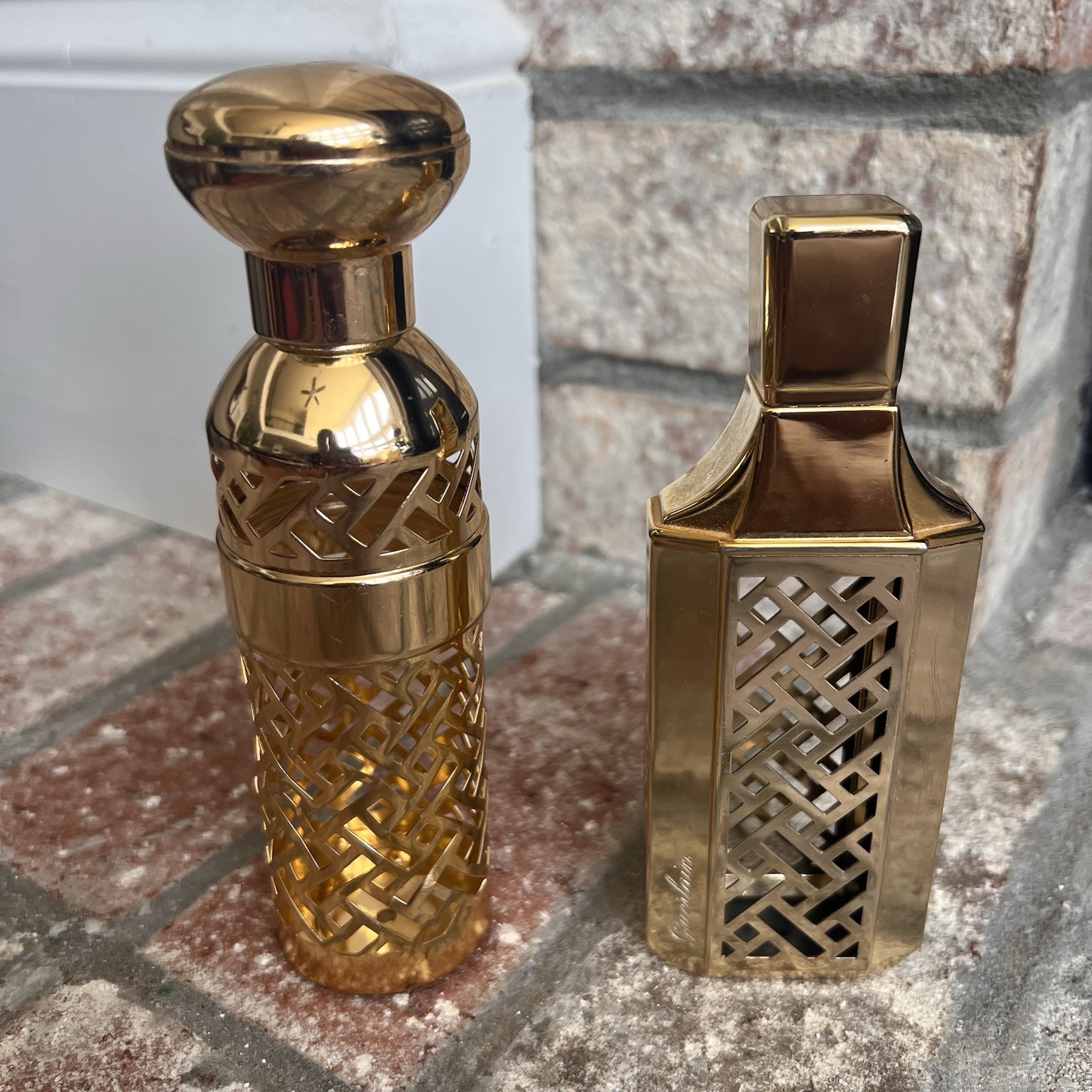 Vintage Guerlain 1982 Shalimar Refillable Spray Set-w/Gold Lattice Cases