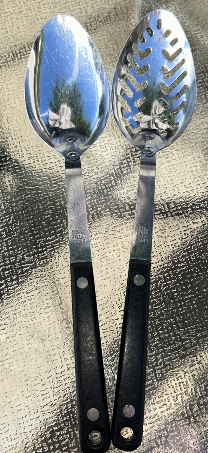 Vintage EKCO Stainless Flint Vanadium Slotted & Solid Serving Spoons Set