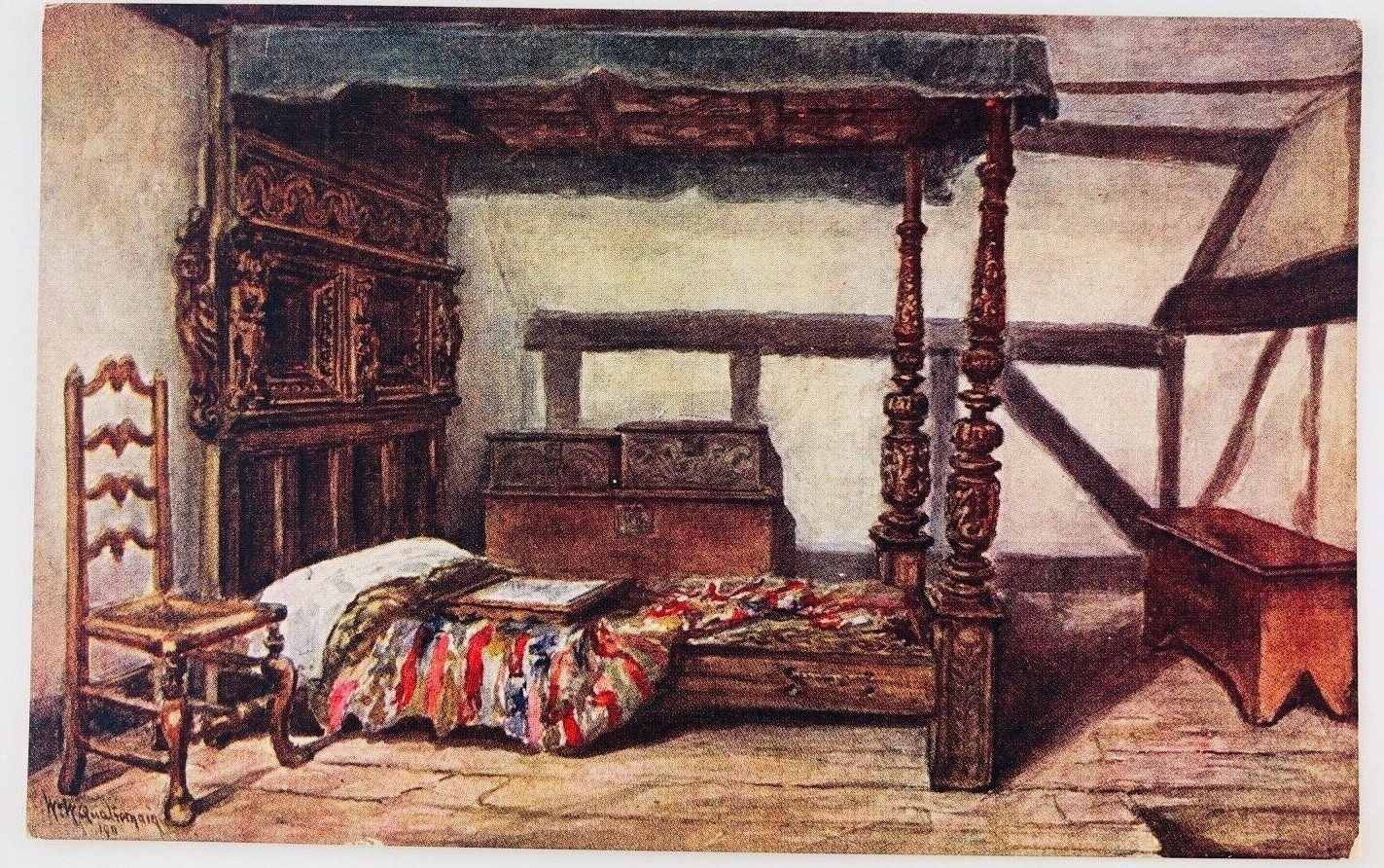 Vintage Stratford-On-Avon England Anne Hathaway\'s Cottage A Bedroom Postcard