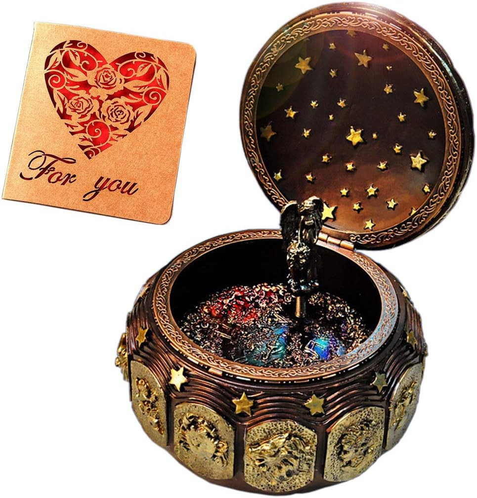 Vintage Music Box with Constellations Rotating Goddess LED Lights Twinkling Resi