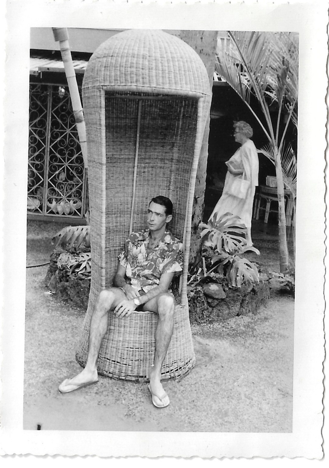 WICKER PORTER\'S CHAIR Vintage Photo Man Wearing Hawaiian Shirt Tropical Resort