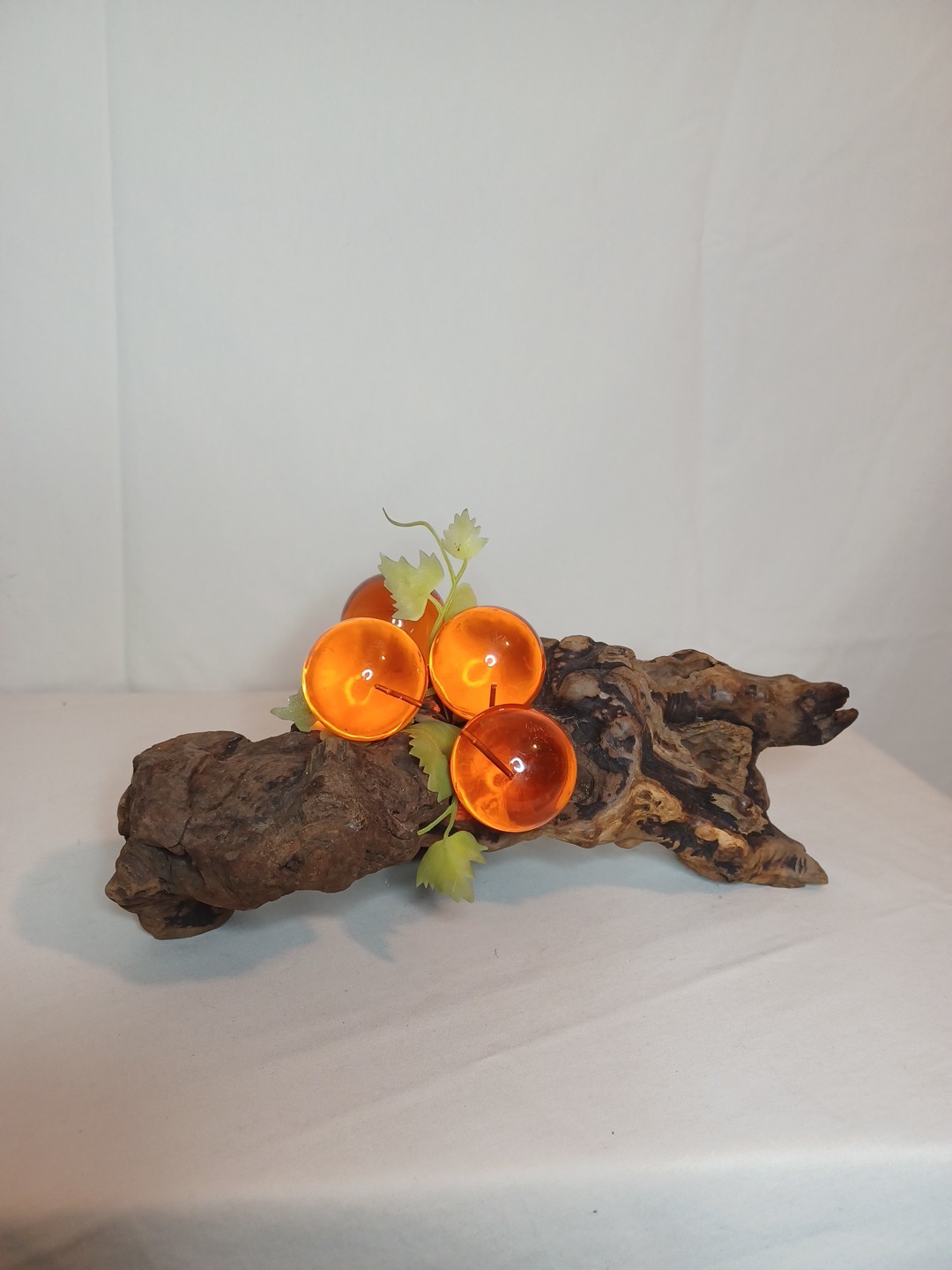 Large Vintage Lucite Acrylic Grape Cluster on Burlwood Sculpture Orange MCM Large Vintage Lucite Acrylic Grape Cluster on Burlwood Sculpture Orange MCM