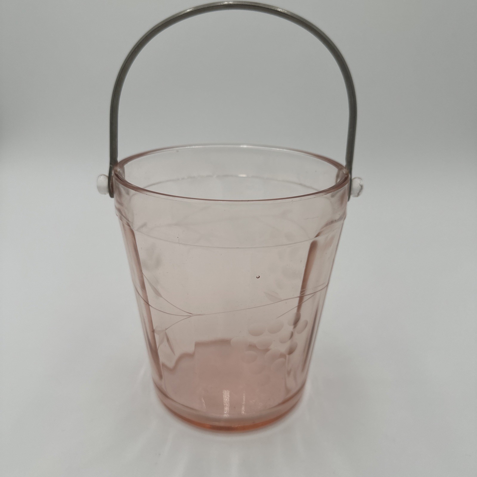 Vintage Pink Elegant Depression Glass Ice Bucket Grapes Motif Metal Handle 1930s