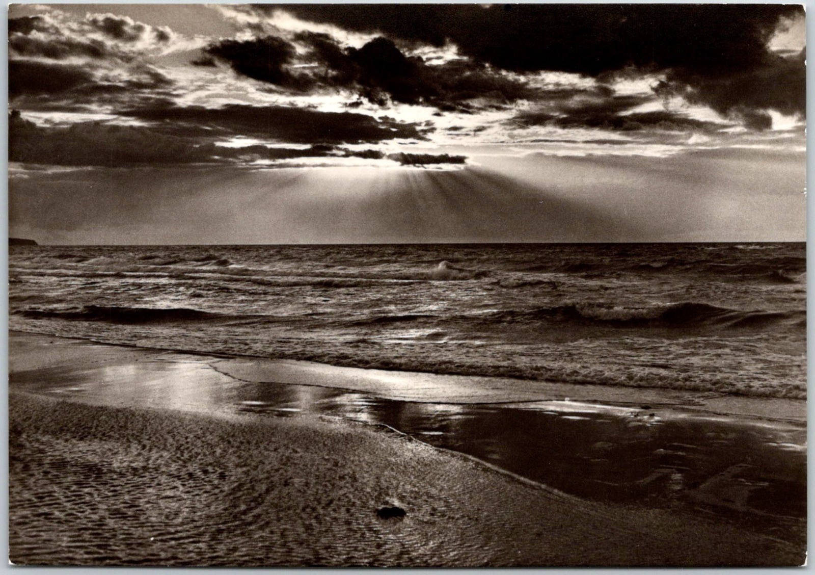 Sunset Over the Baltic Sea Shore C.1950s Sepia Tone Antique Postcard