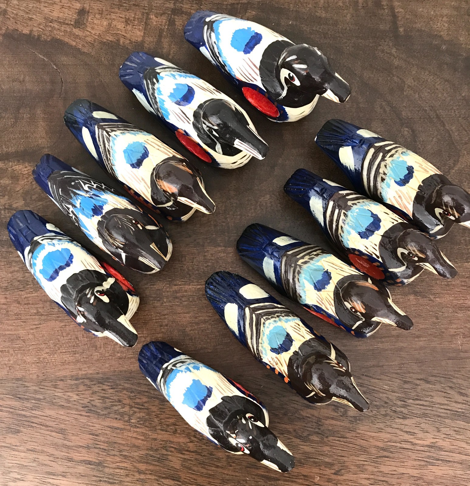 Vintage Hand Painted Wood Duck Napkin Ring Folk Art Cottage Cabin Set of  10