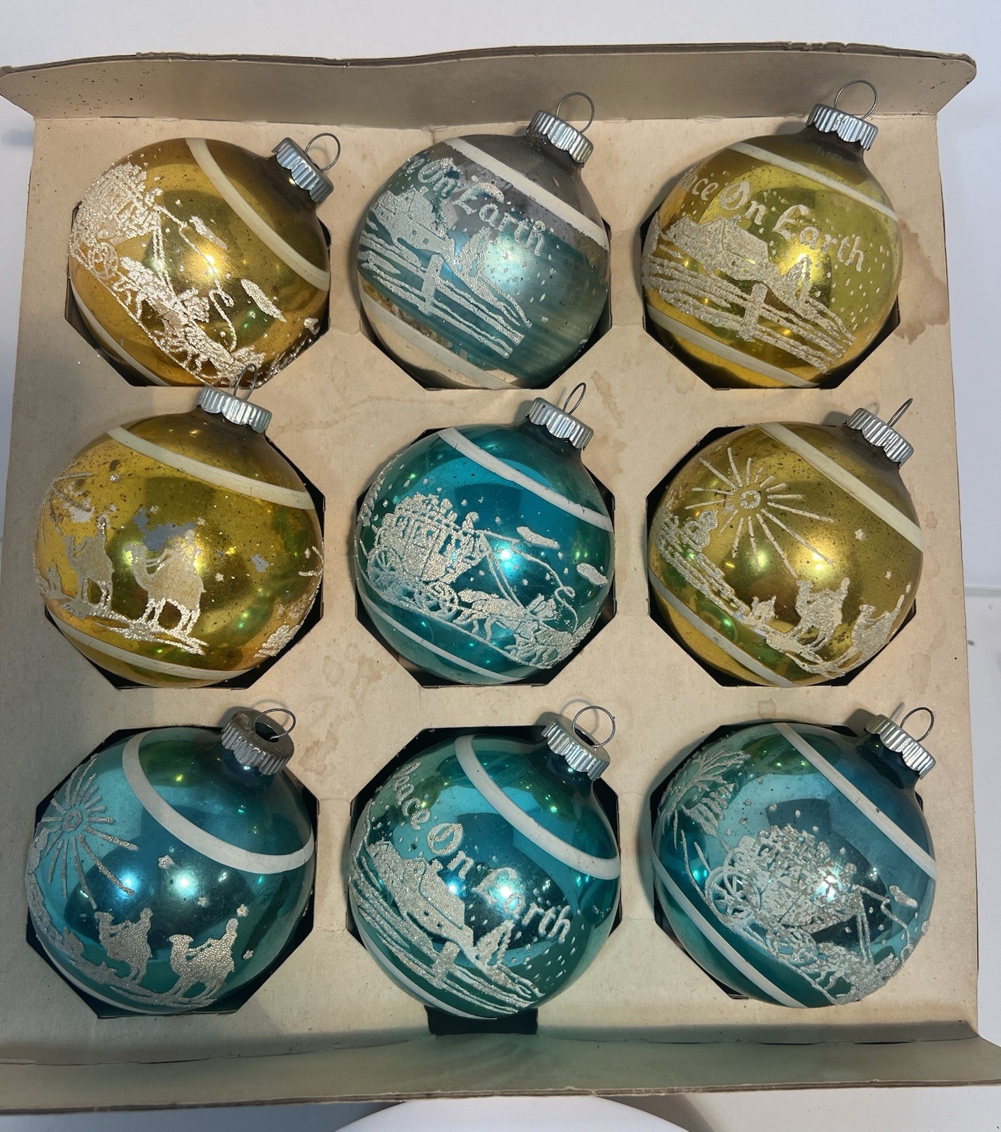 9 Vintage Shiny Brite Ornaments with Box Blue & Gold Peace Camel Coach Stencil