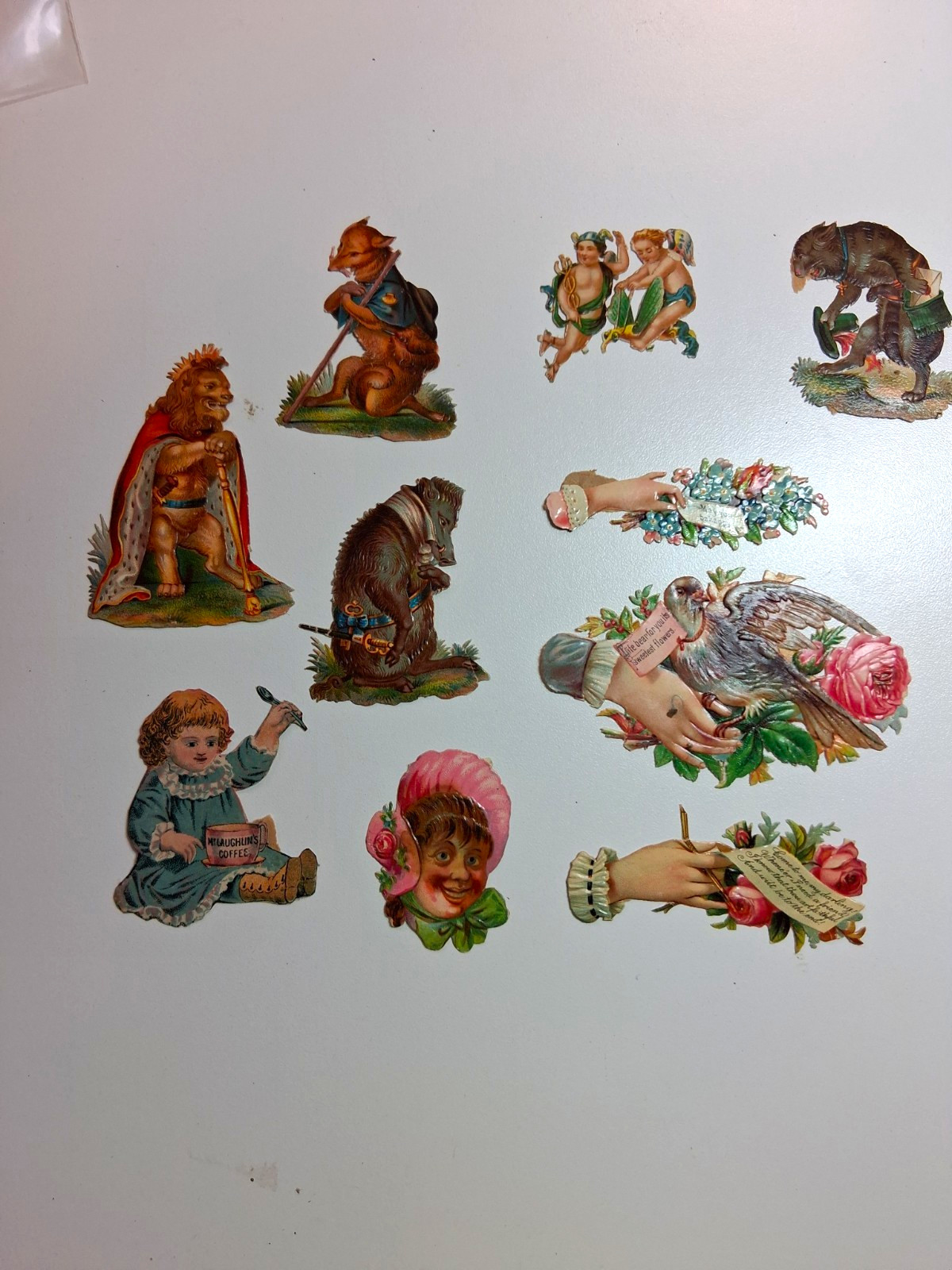 Victorian Vintage Die Cut Paper Ephemera Scraps, Assorted Animals & Figures, Lot Victorian Vintage Die Cut Paper Ephemera Scraps, Assorted Animals & Figures, Lot