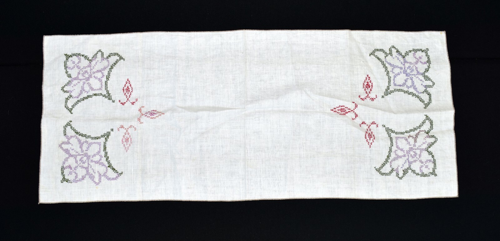 Vintage Purple Red Green Cross Stitch Floral Embroidery Linen Table Runner 16x40