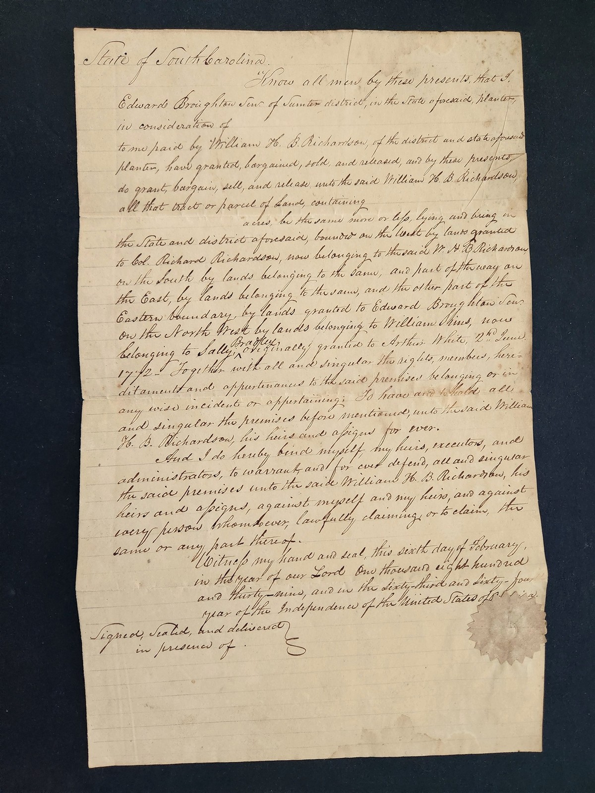 1849 antique LAND DEED sumter district sc BROUGHTON /RICHARDSON history unsigned