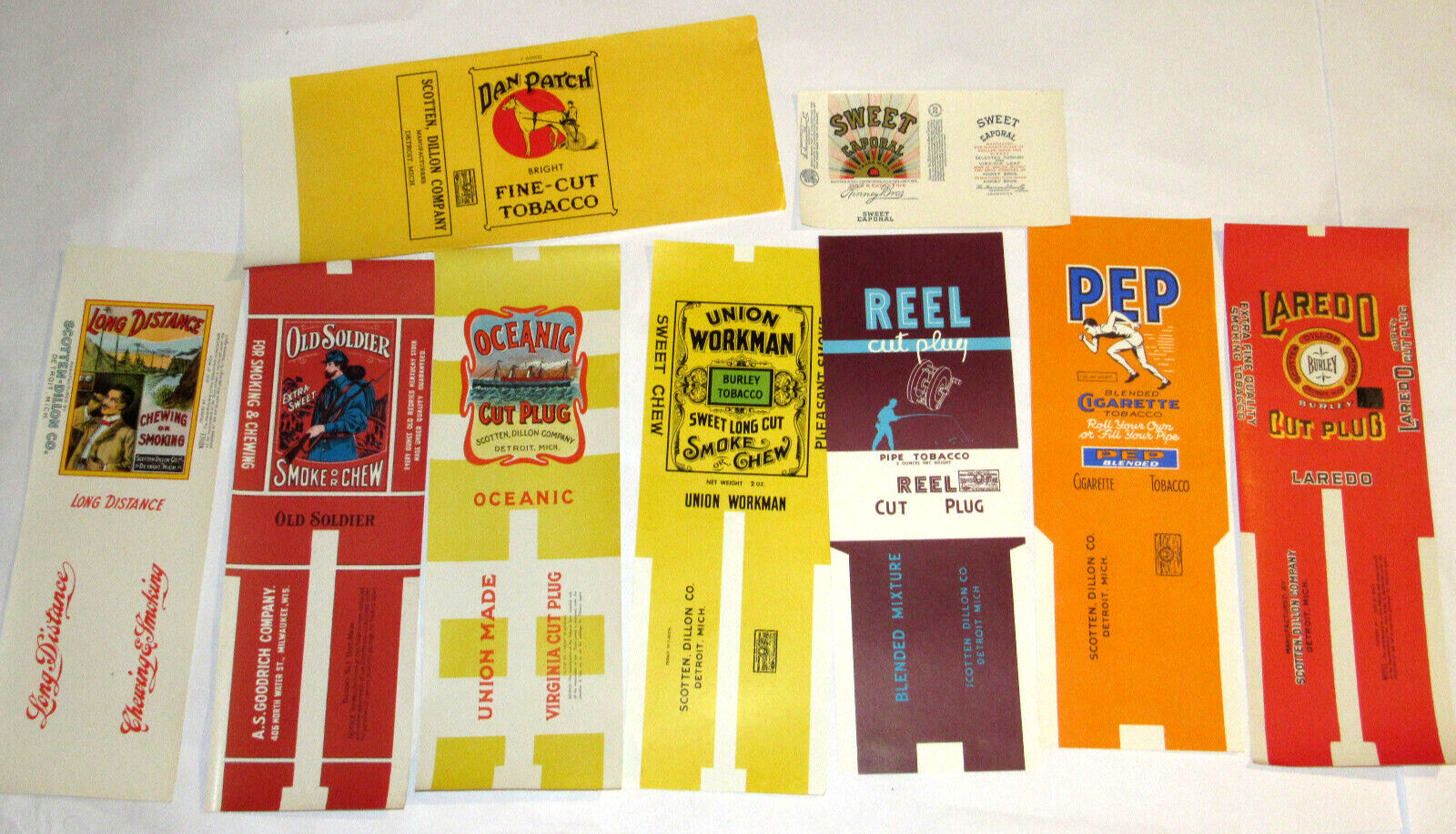 9 UNUSED VTG TOBACCO LABELS DAN PATCH/REEL/OLD SOLDIER/LONG DISTANCE/LAREDO/PEP