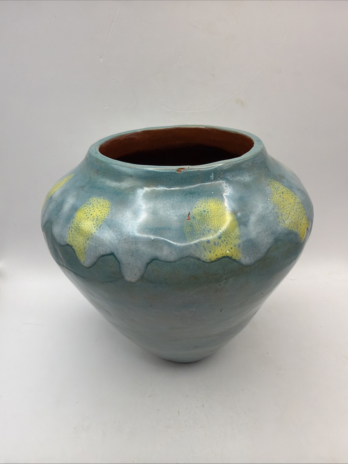 Studio Art Drip Glaze Turquoise Yellow Vase Red Clay BEA 12/58