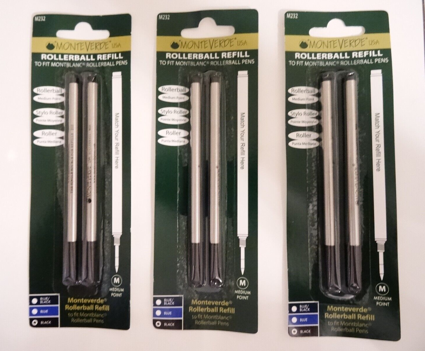 6 X MONTBLANC BY MONTEVERDE ROLLERBALL MEDIUM Point Refills BLACK NEW 88515