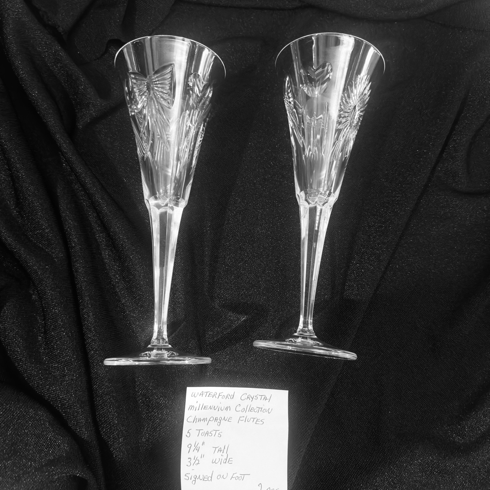 2 Waterford Crystal Millennium Collection Champagne Flutes Set of 2 Signed 9.25