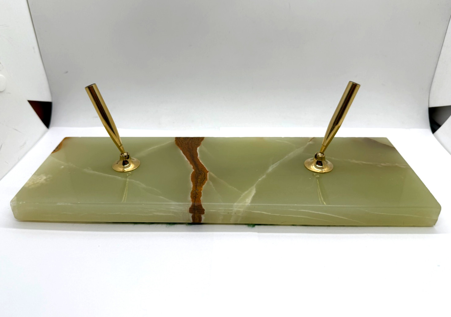 Large Vintage Green Onyx Double Pen Desk Stand Base 11.75\ Large Vintage Green Onyx Double Pen Desk Stand Base 11.75\
