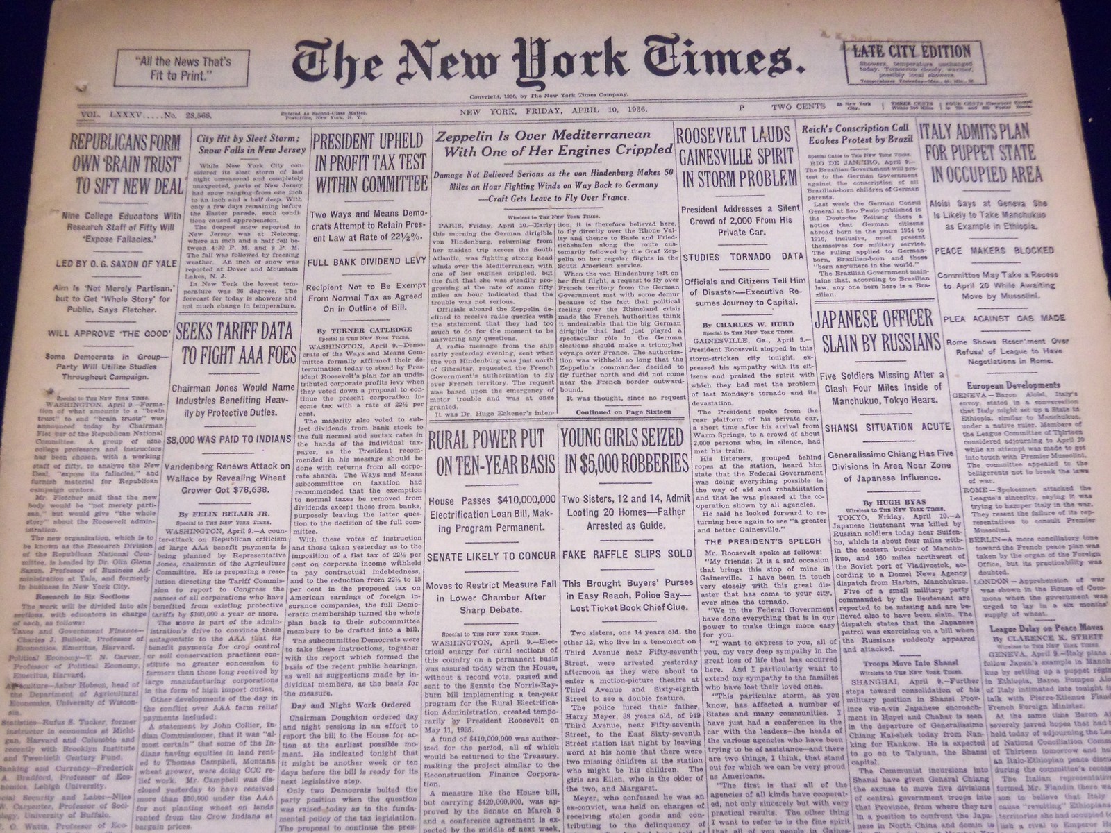 1936 APRIL 10 NEW YORK TIMES - HINDENBURG ENGINE CRIPPLED - NT 4045