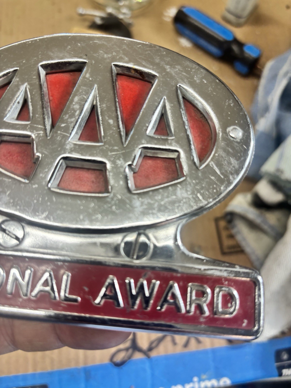 Vintage AAA National Award Metal Grill License Plate Topper Badge Plaque Silver