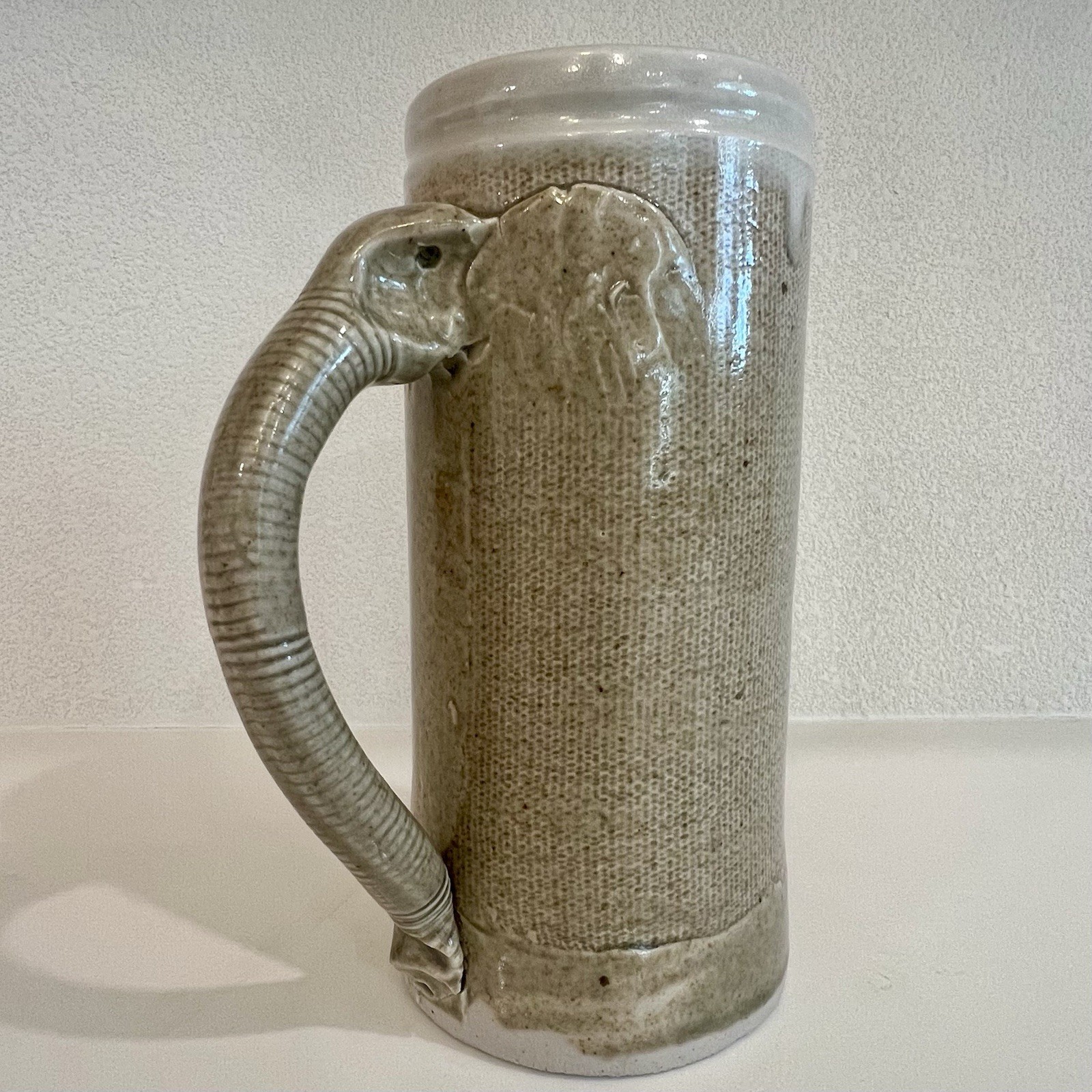Vintage Thai Celedon Elephant Beer Stein Mug Handmade Stoneware Tankard 7 1/2\