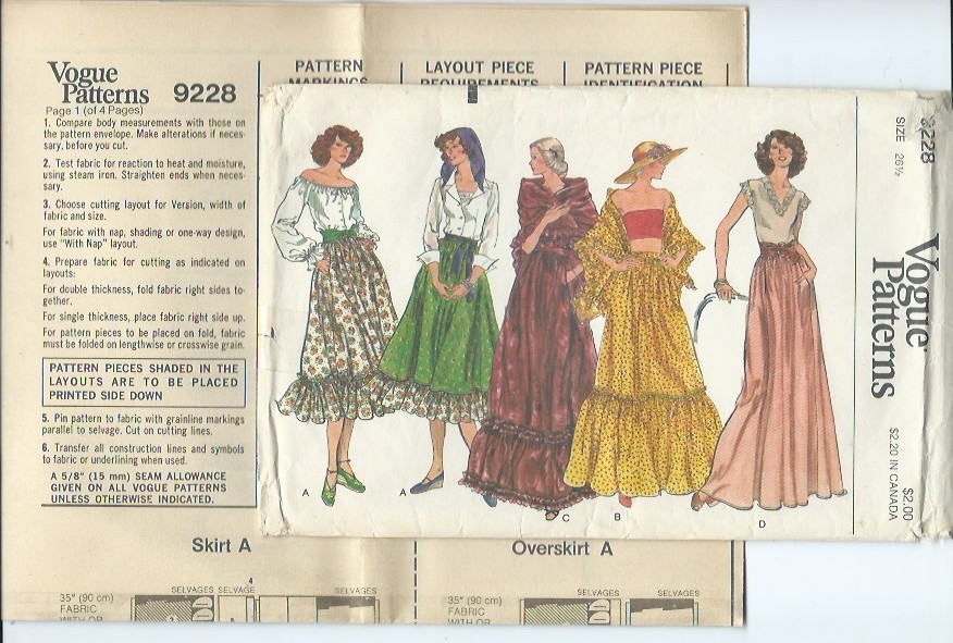 Vogue 9228 sewing pattern 70's Hippie SKIRTS ruffle Boho SHAWL sew size 12 UNCUT Vogue 9228 sewing pattern 70's Hippie SKIRTS ruffle Boho SHAWL sew size 12 UNCUT