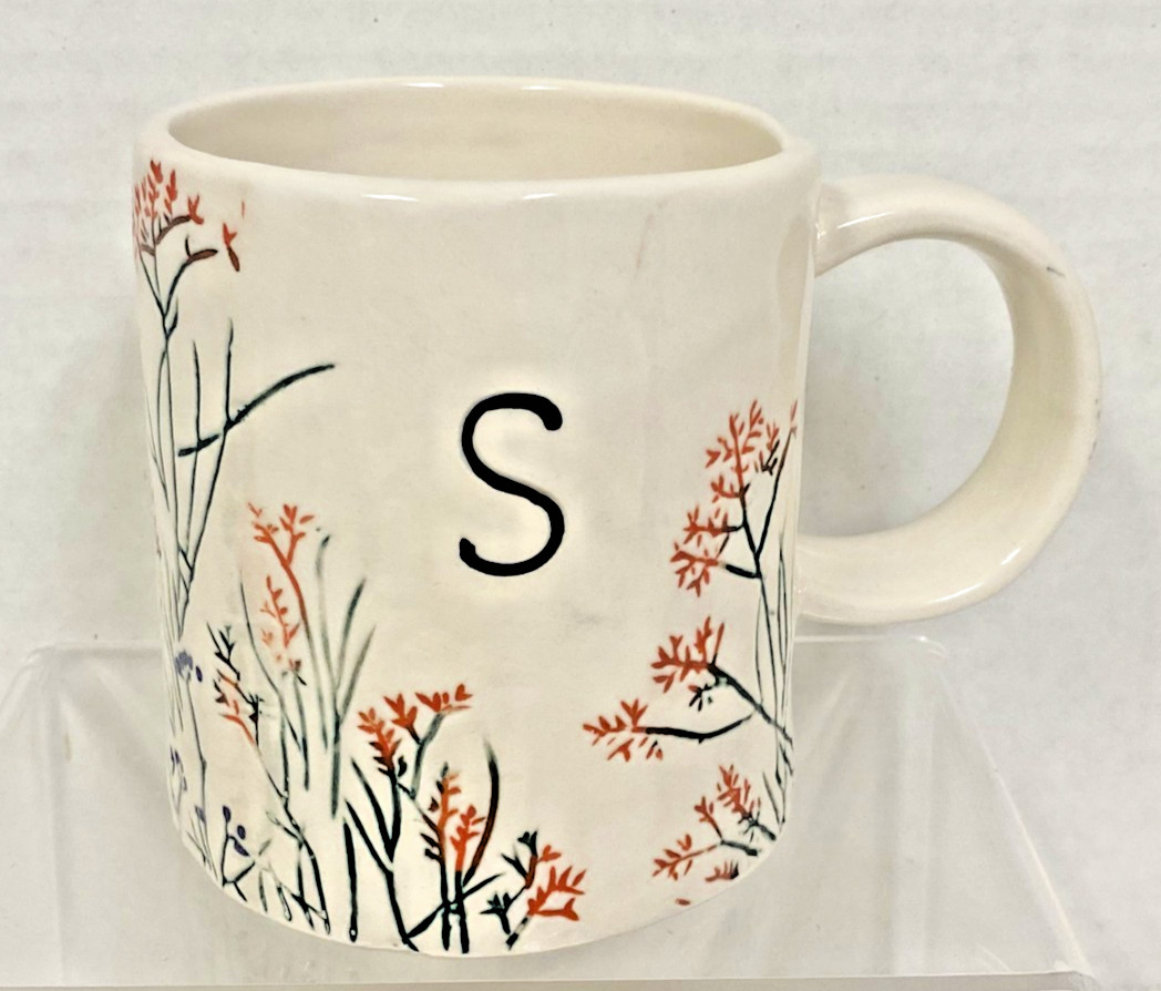 Anthropologie Carved Incised Dangy Floral Pattern Initial S Coffee Mug 4\