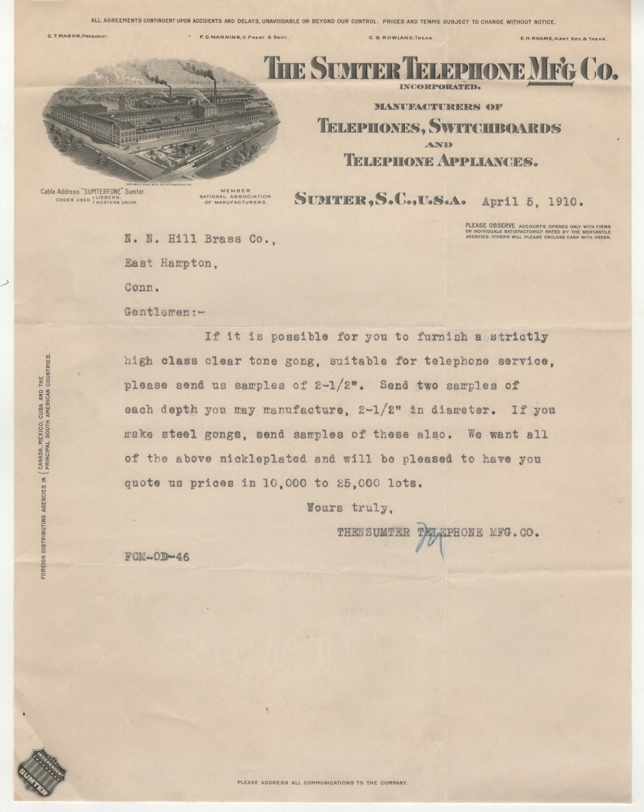 1910 The Sumter Telephone Mfg Co. Sumter, SC  Illustrated Letterhead
