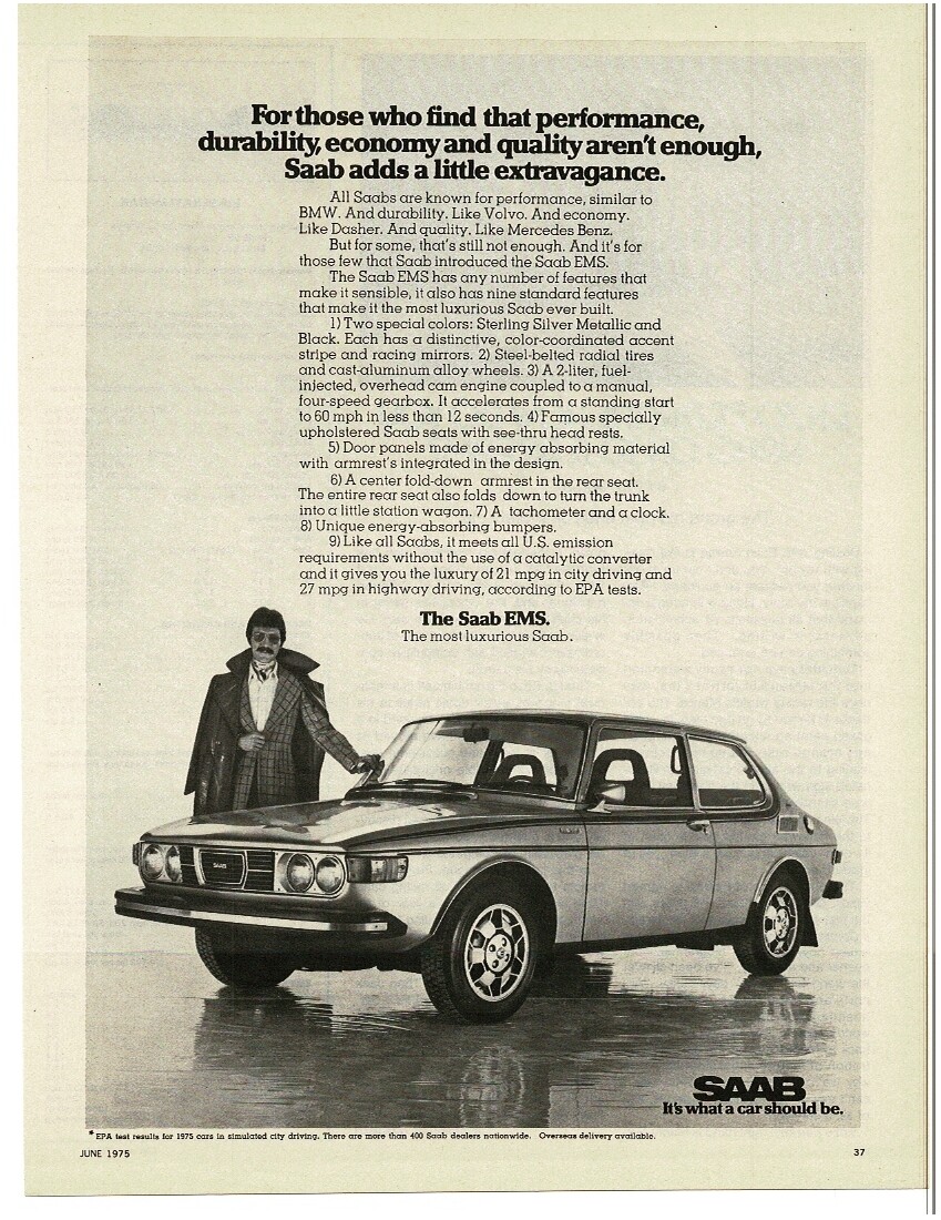 1975 SAAB 99 EMS 2-door hardtop Vintage Print Ad