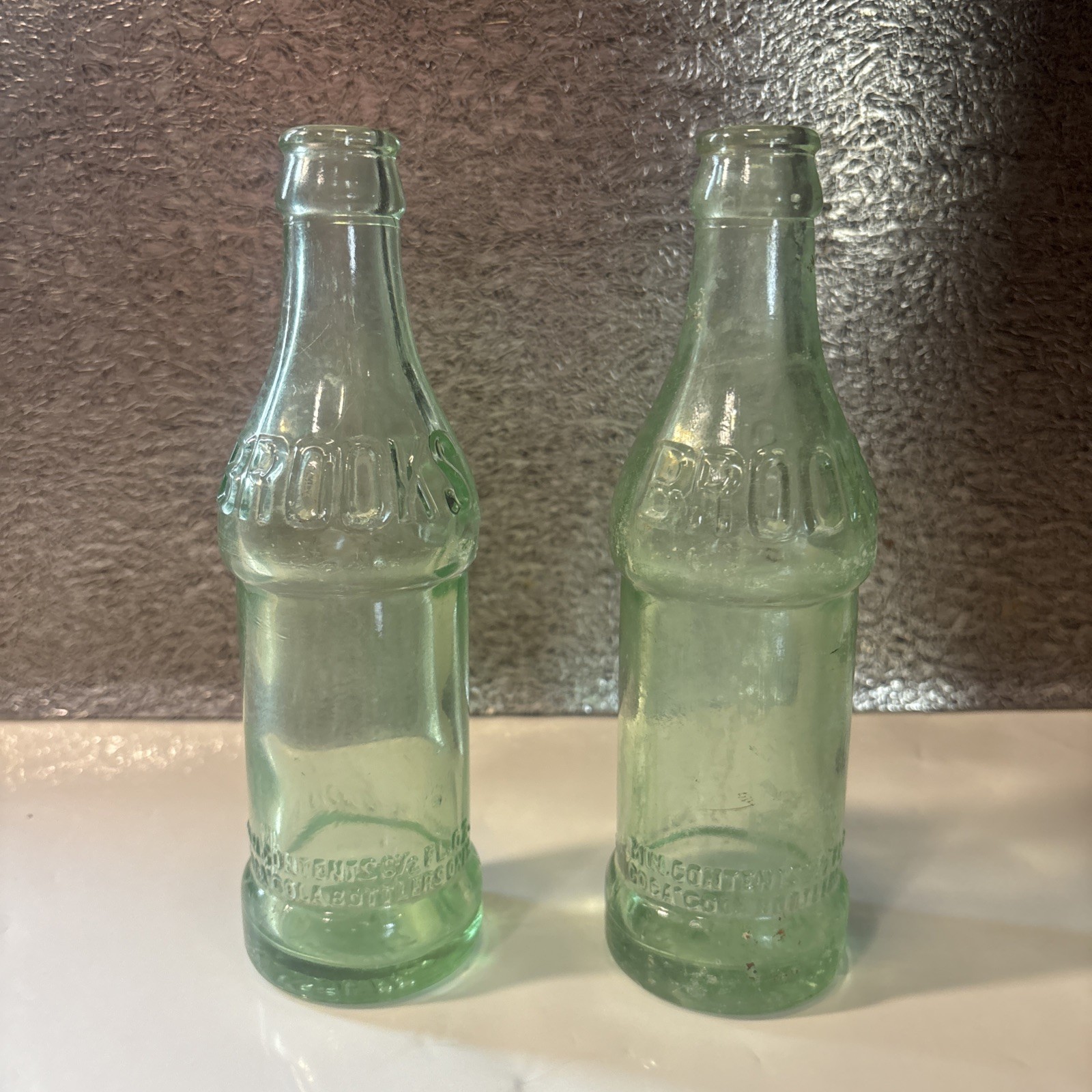 (2) Vintage Flagstaff Arizona Brooks Soda Bottles Green Glass Embossed Coca-Cola