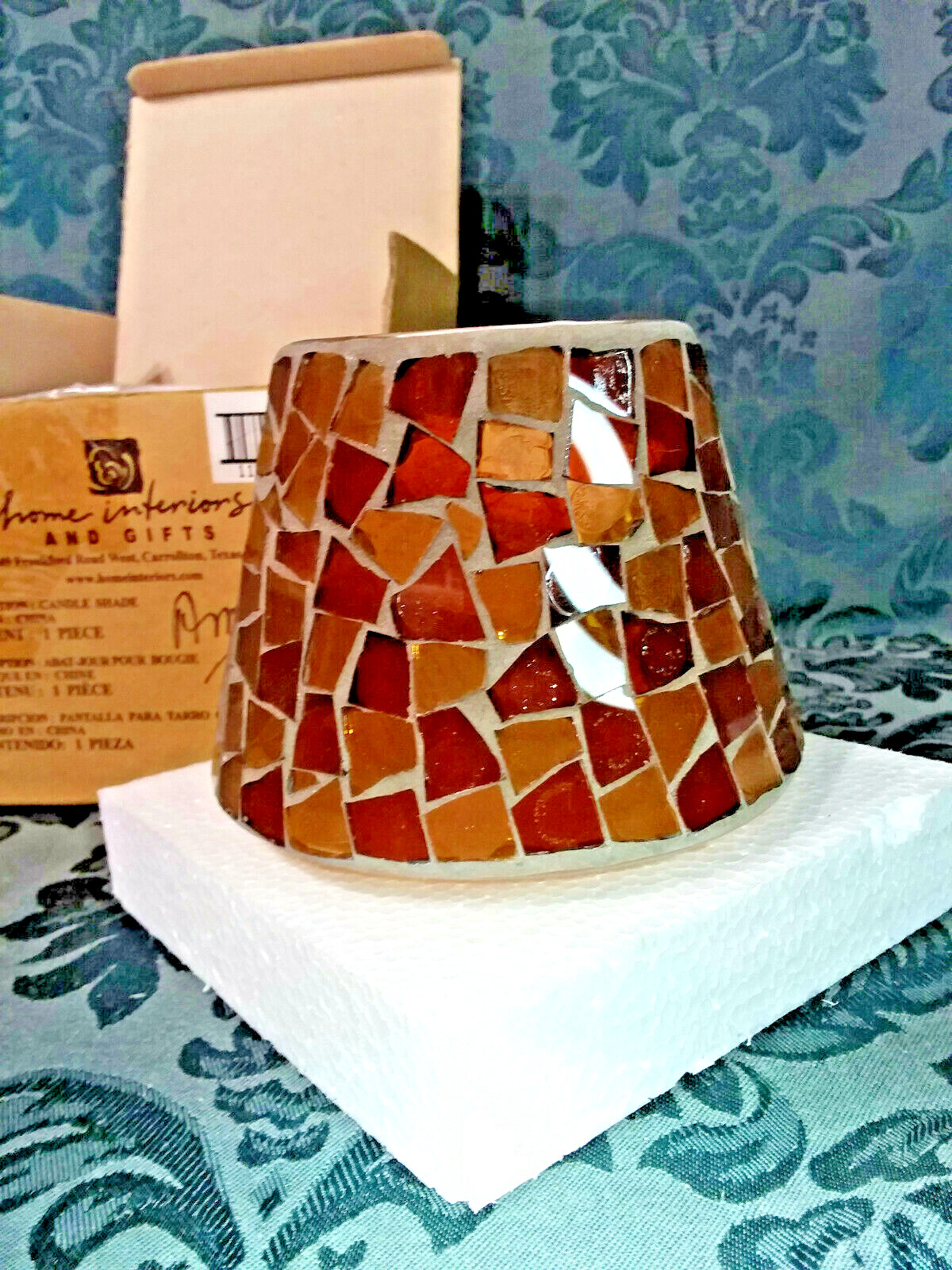 Home Interiors Amber Mosaic Glass Candle Shade/For Contempo/Ginger/New Old Stock