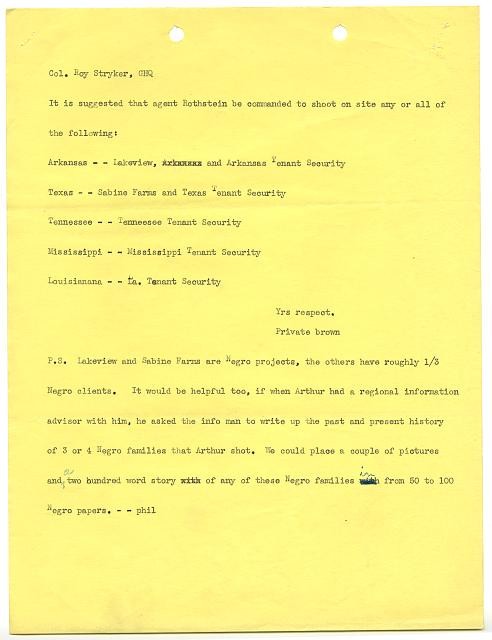 Photo:[Letter from Private Phil Brown to Col. Roy Stryker]