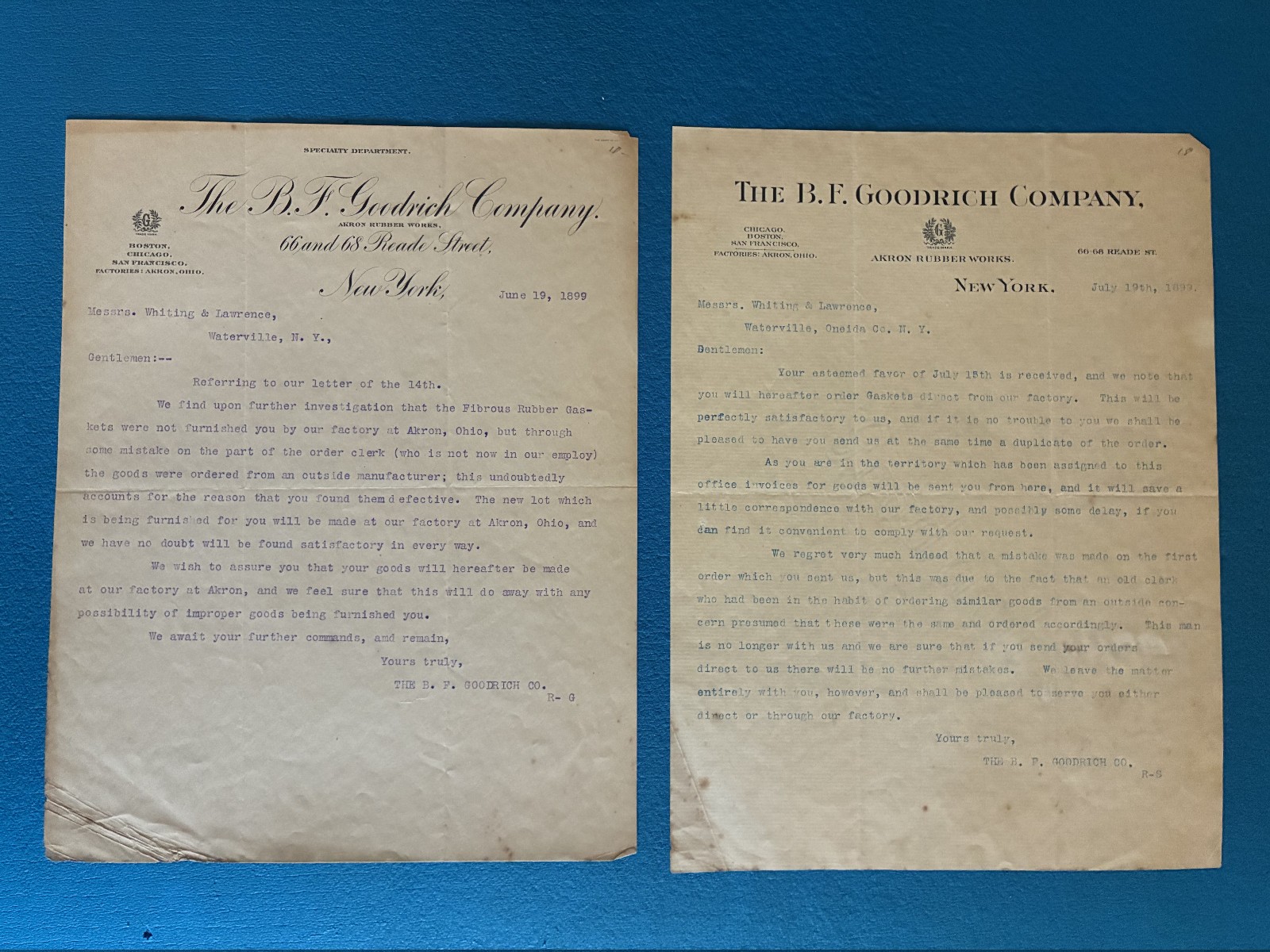 1899 B.F. Goodrich Co Akron Rubber Works Original Letterheads Pair Ohio