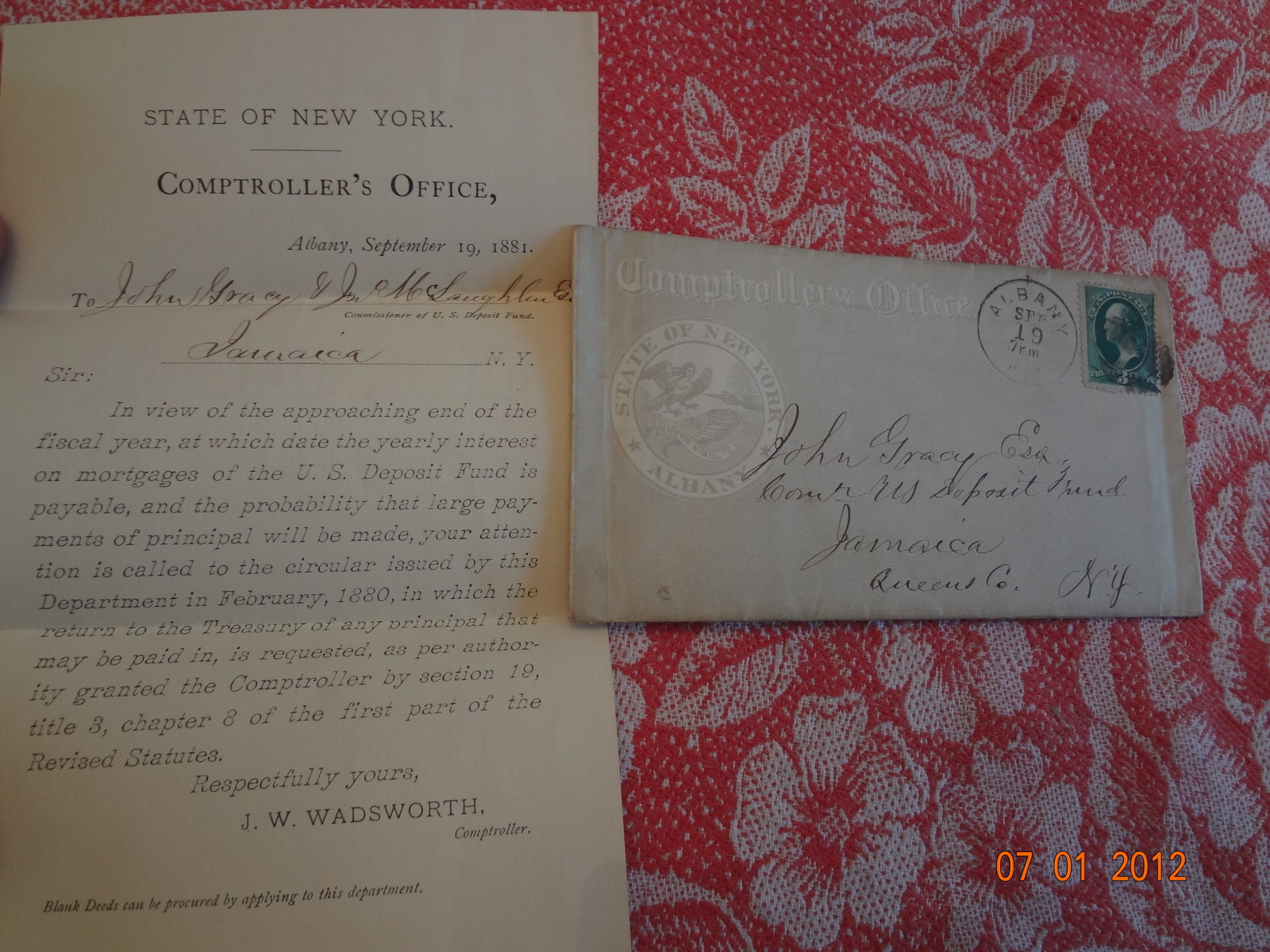 1881 Albany to Jamaica Queens New York City State Tax Cover Envelope Nice
