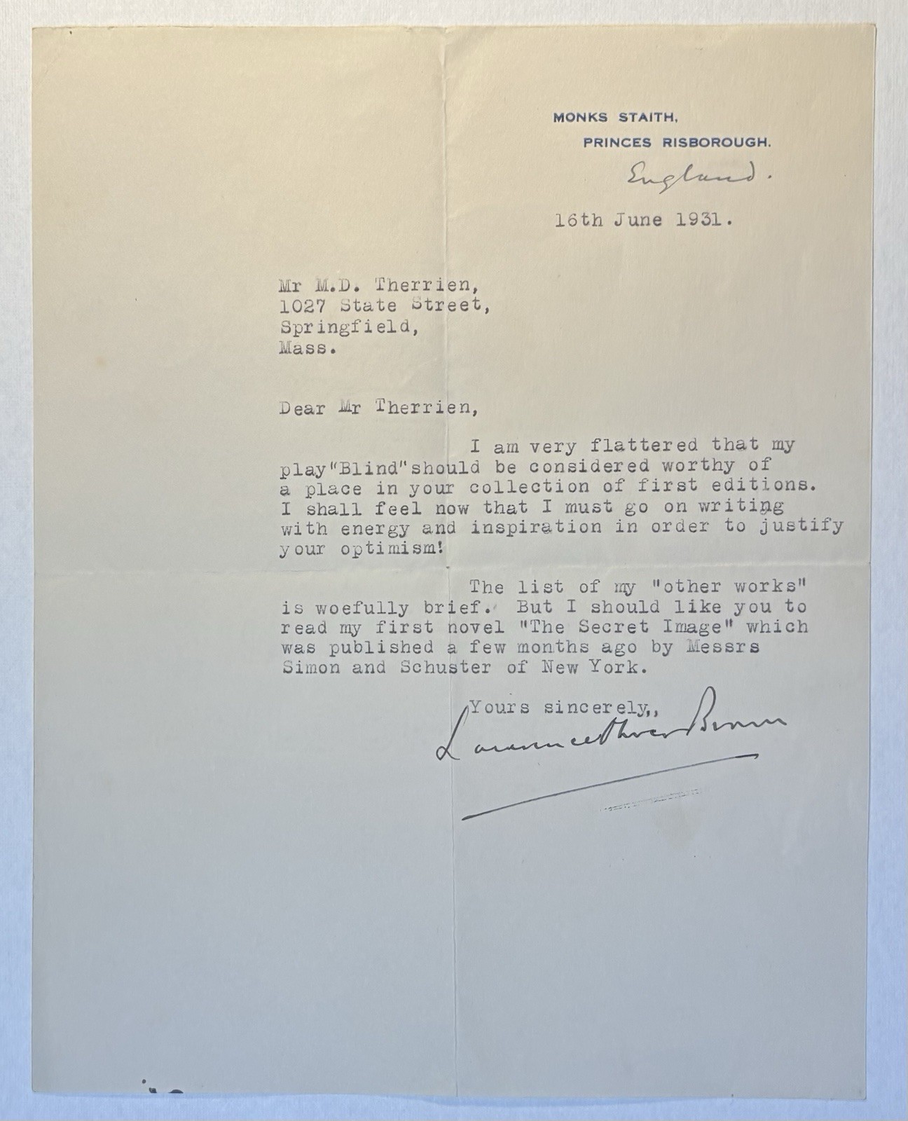 LAURENCE OLIVER BRITISH AUTHOR - MONKS STAITH PRINCES RISBOROUGH - 1931 LETTER