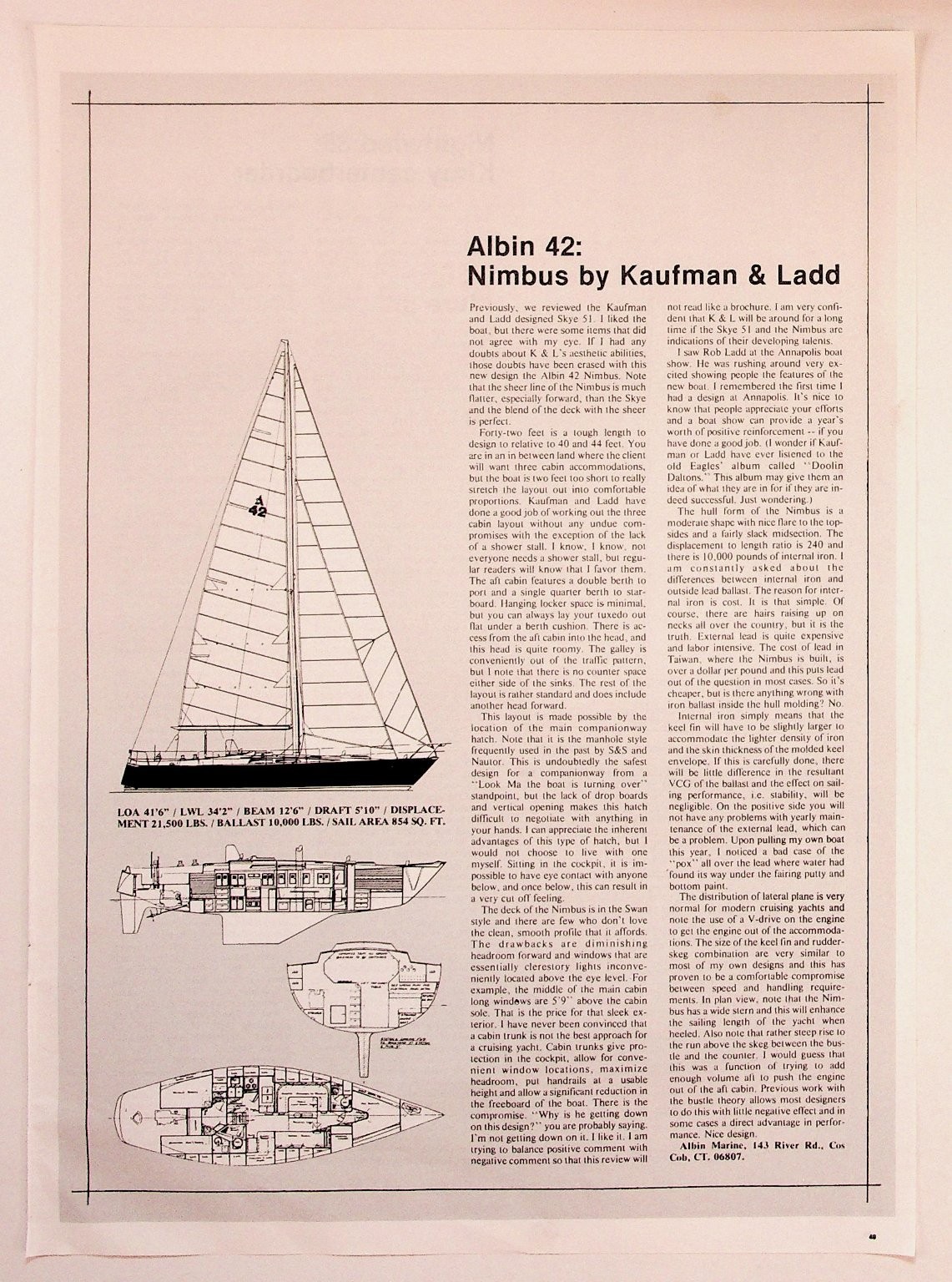 Albin 42 Nimbus Sailboat Yacht Vintage Magazine Article Print Kaufman Ladd Albin 42 Nimbus Sailboat Yacht Vintage Magazine Article Print Kaufman Ladd